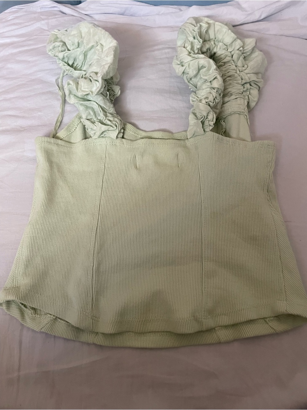 Anthropologie Light Green Ribbed Tank Top with Ruffled Straps